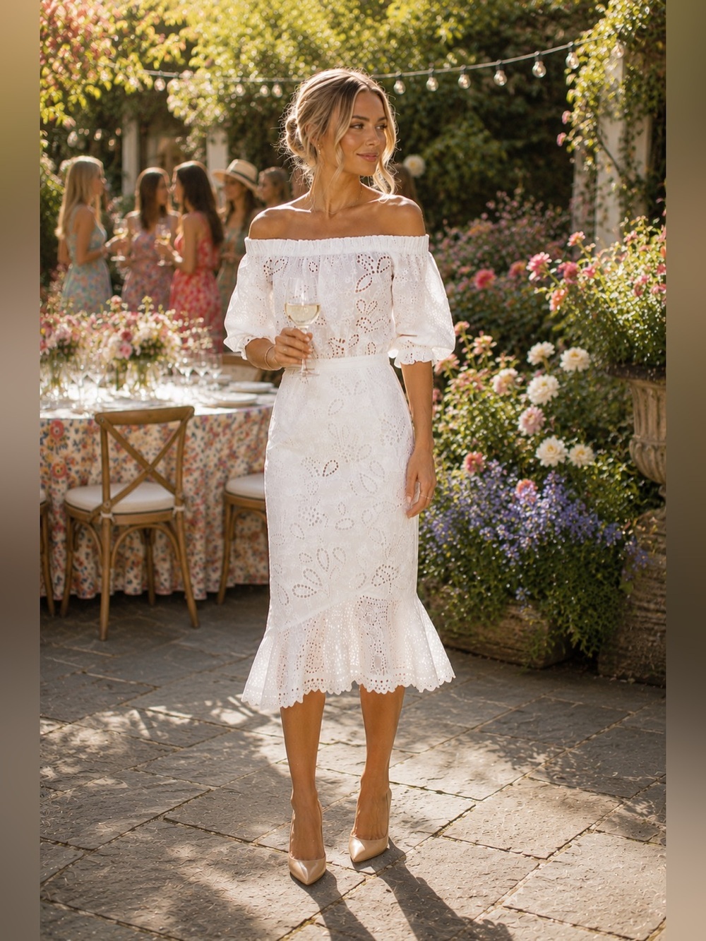 Saloni Grace White Broderie Anglaise Off Shoulder Midi Dress Cotton US 4